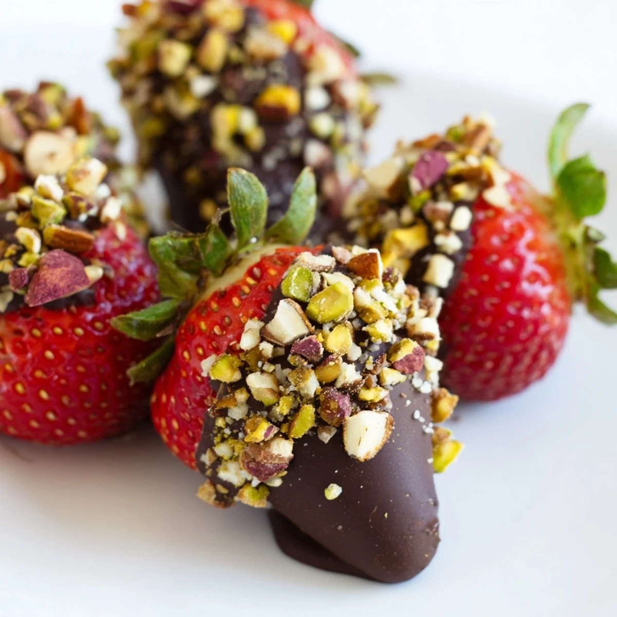 Visually impaired user guide: Chocolate Dipped Strawberries with Nuts feature glossy chocolate shell, textured nut coating, served on a white platter.