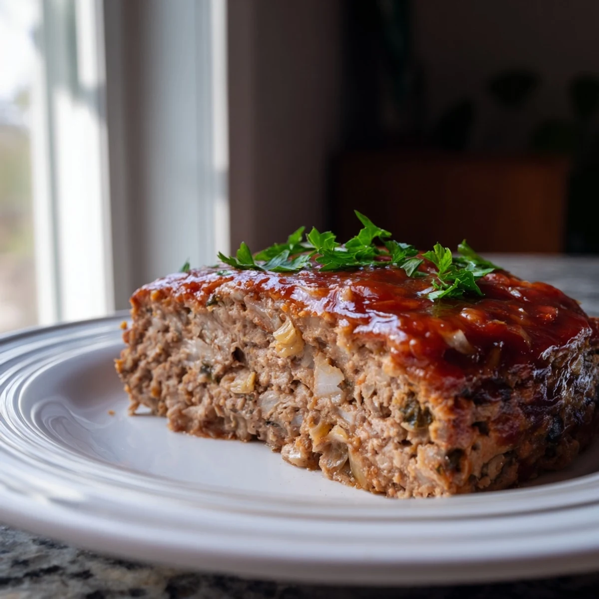 Sliced portions of turkey meatloaf with tomato glaze are served alongside creamy mashed potatoes and roasted green beans for a hearty family dinner.  