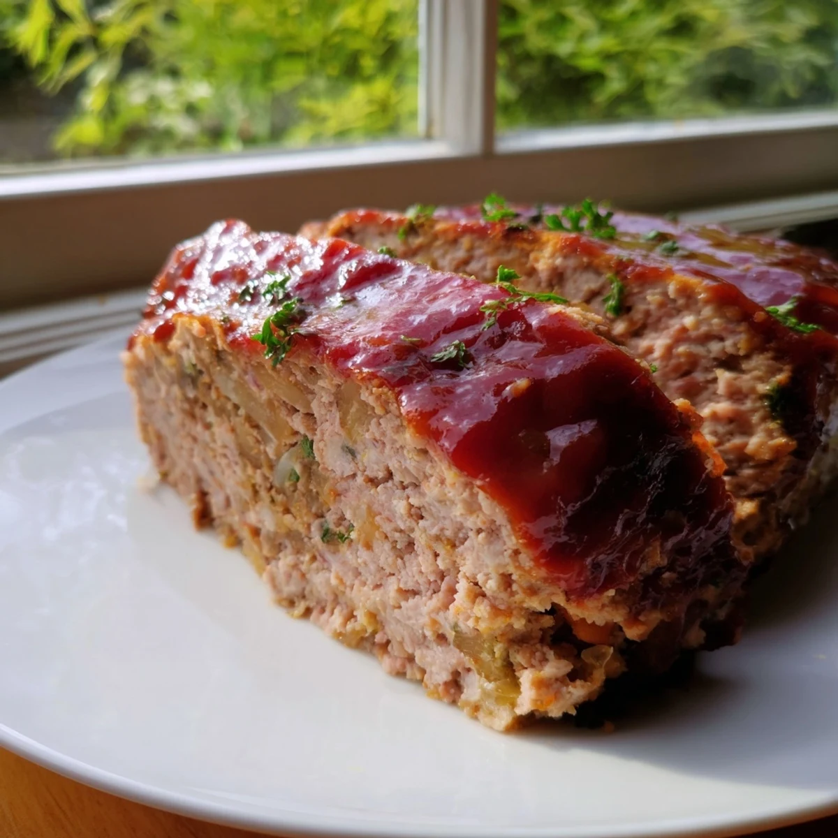 A freshly baked turkey meatloaf with a glossy, tangy tomato glaze, sliced to reveal the moist, tender interior garnished with fresh parsley.  