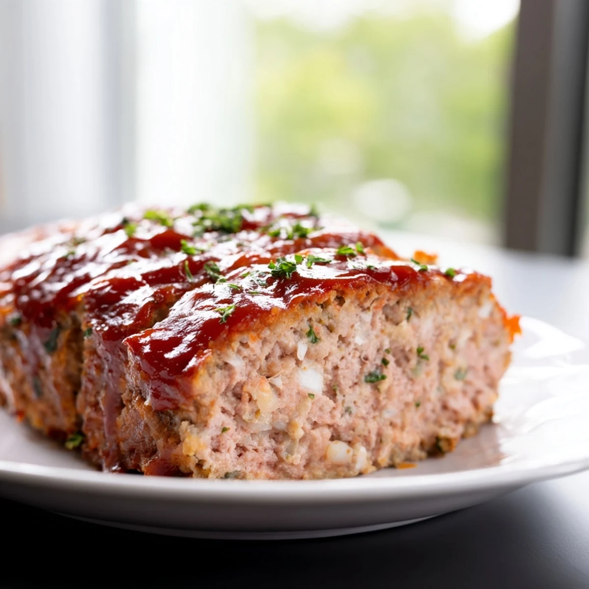 The golden-brown turkey meatloaf with tomato glaze rests on a rustic cutting board, ready to be enjoyed with a side of fresh vegetables.