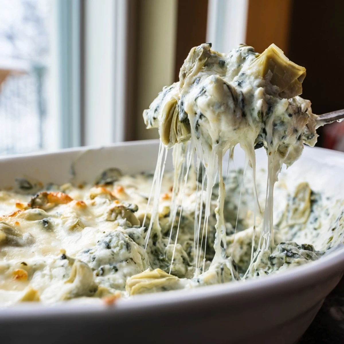 Creamy spinach and artichoke dip in a ceramic dish, golden and bubbling, with a wooden spoon ready to serve for game day.  