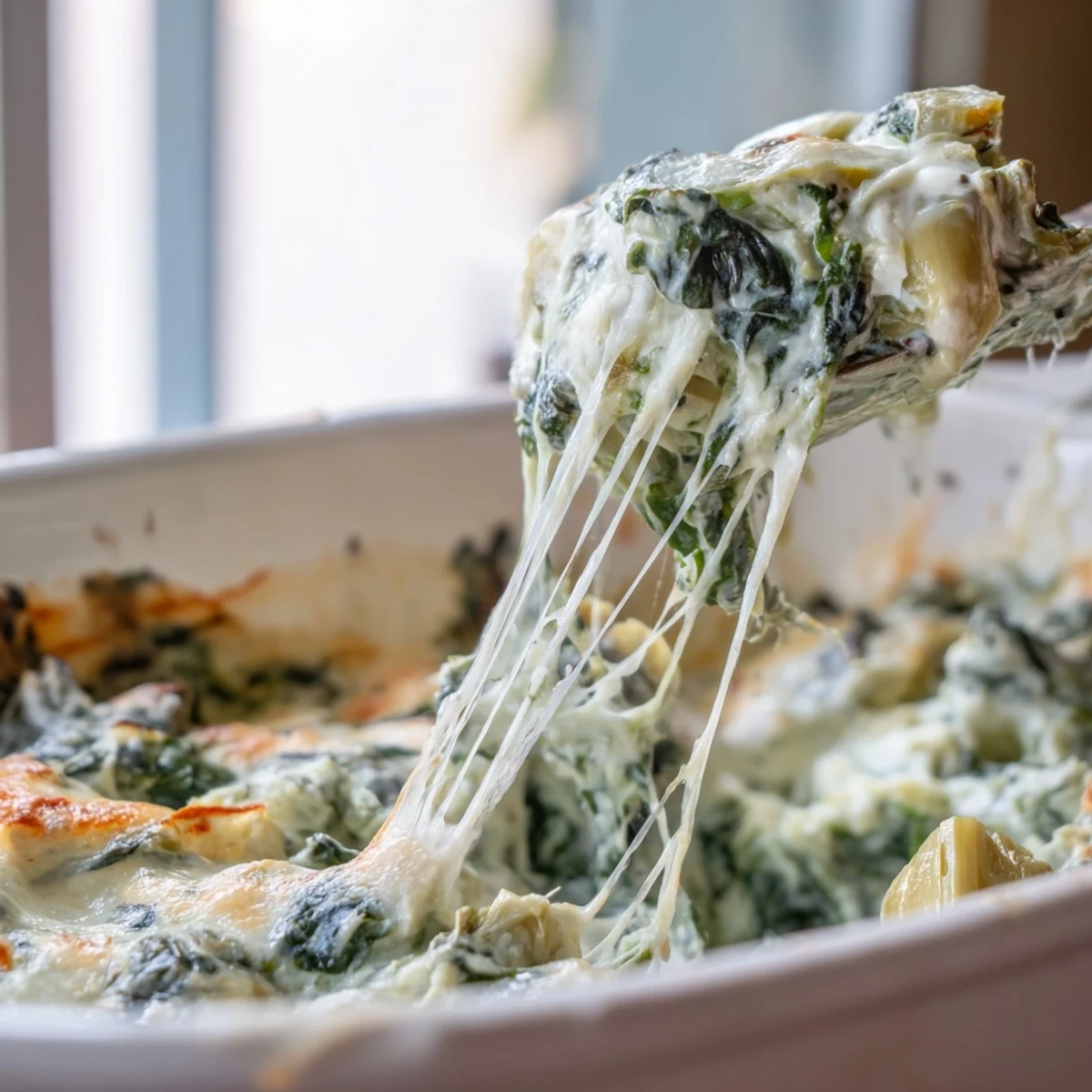A close-up of warm creamy spinach and artichoke dip, melted cheese stretch and green spinach flecks beside crispy tortilla chips.  