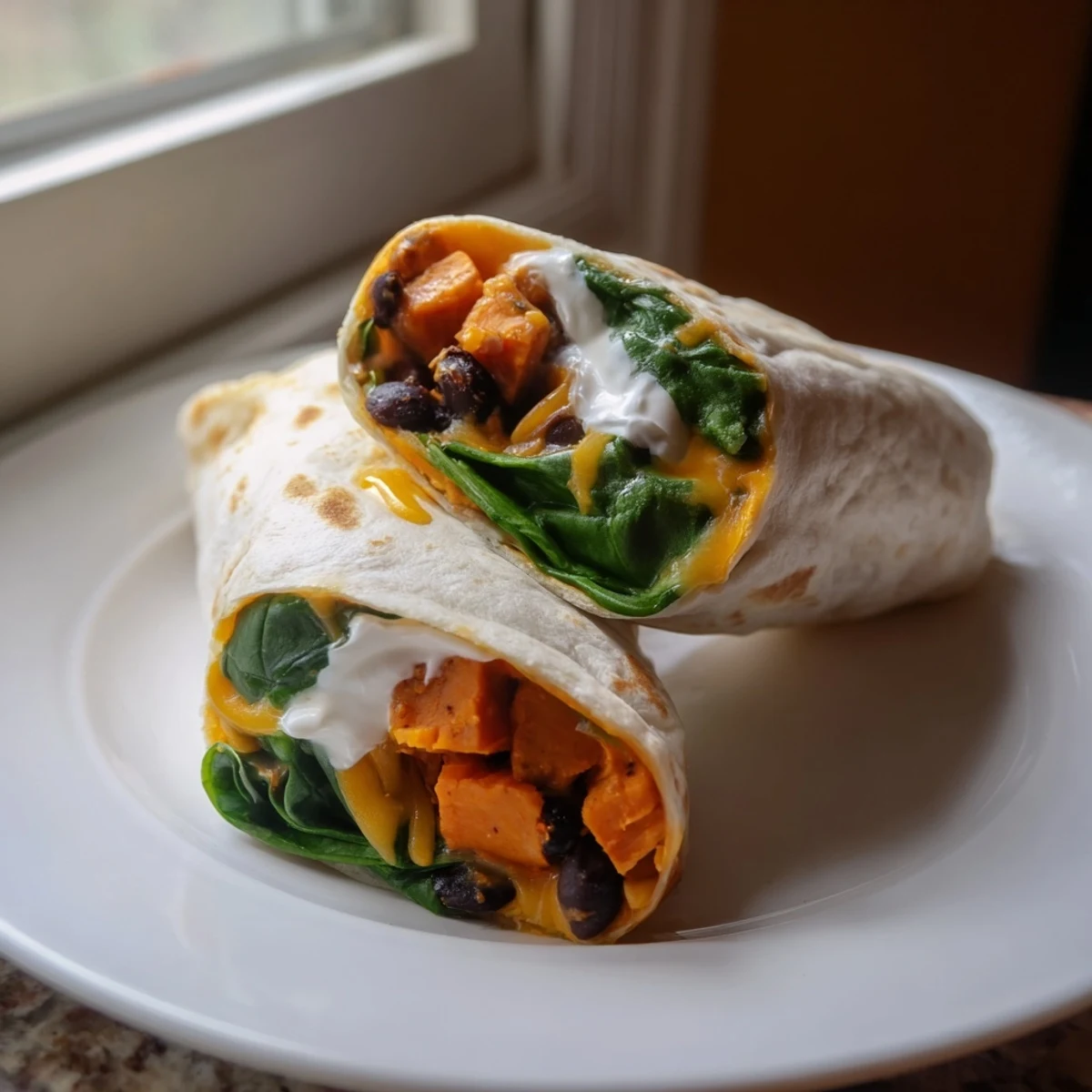Close-up of Roasted Sweet Potato and Black Bean Burritos, showing golden-brown roasted sweet potatoes, seasoned black beans, melted cheese, and fresh spinach peeking out of a warm flour tortilla.