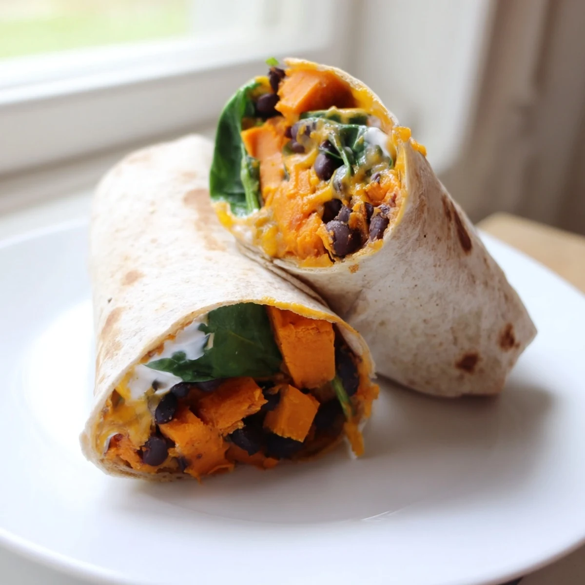 Top-down view of Roasted Sweet Potato and Black Bean Burritos on a wooden board, garnished with cilantro and served with a side of salsa, sour cream, and avocado slices.