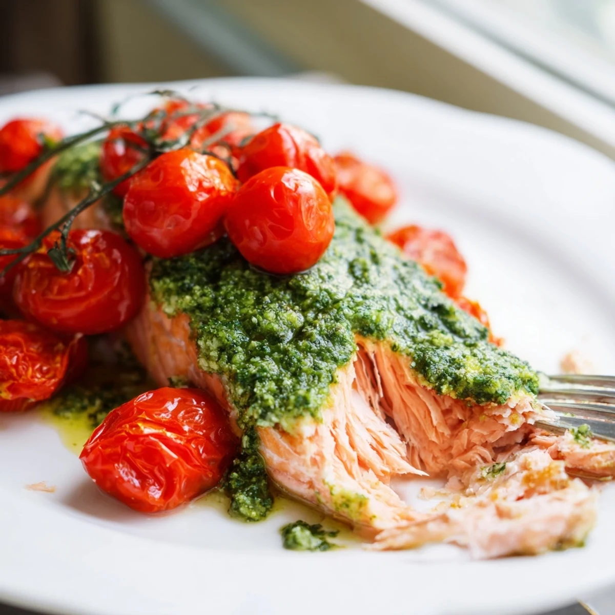 Four baked salmon fillets topped with fragrant basil pesto and sweet cherry tomatoes, garnished with lemon wedges for a fresh Mediterranean main dish.