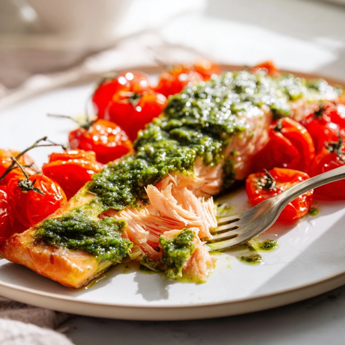 Golden-baked salmon with bright pesto and juicy tomatoes on a parchment-lined sheet, ready to serve with quinoa or steamed rice for a satisfying dinner.