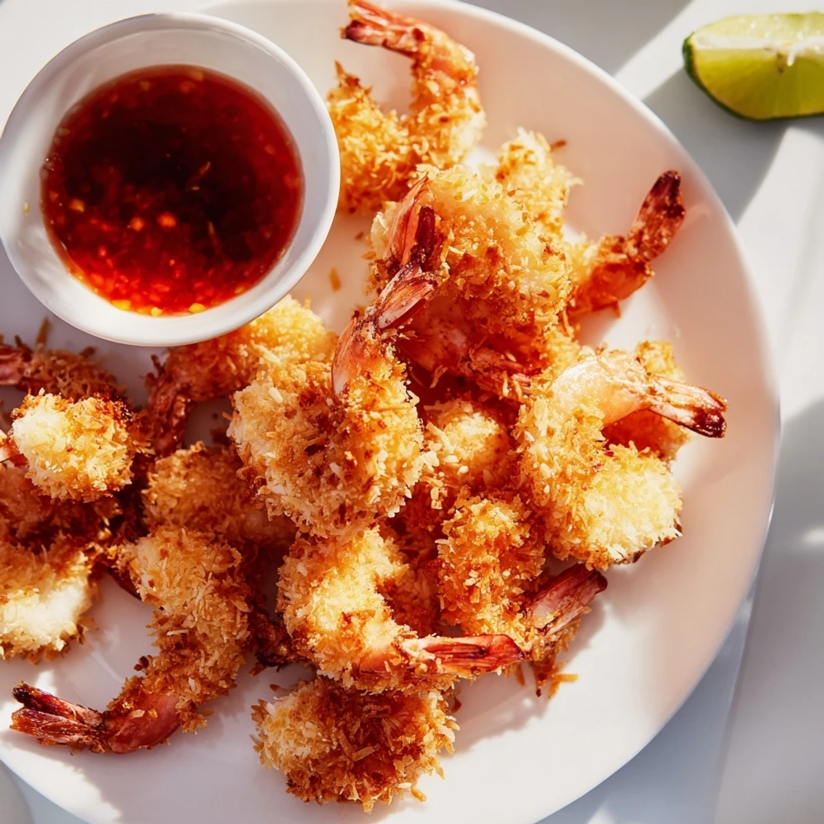 Crispy coconut shrimp with sweet chili sauce sits on a plate, garnished with lime and cilantro, ready to serve.
