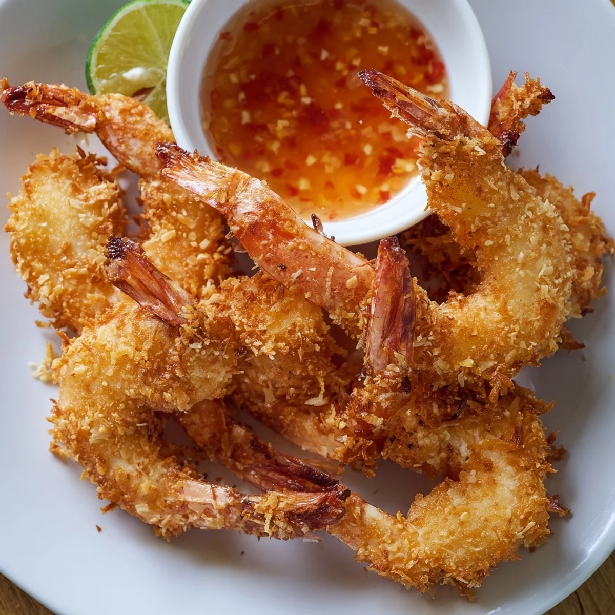 Crispy coconut shrimp arranged on a platter, garnished with lime wedges and cilantro, paired with sweet chili sauce.
