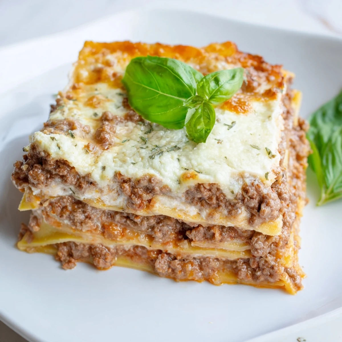 Golden-brown Classic Beef Lasagna with homemade meat sauce bubbling with melted mozzarella and Parmesan.