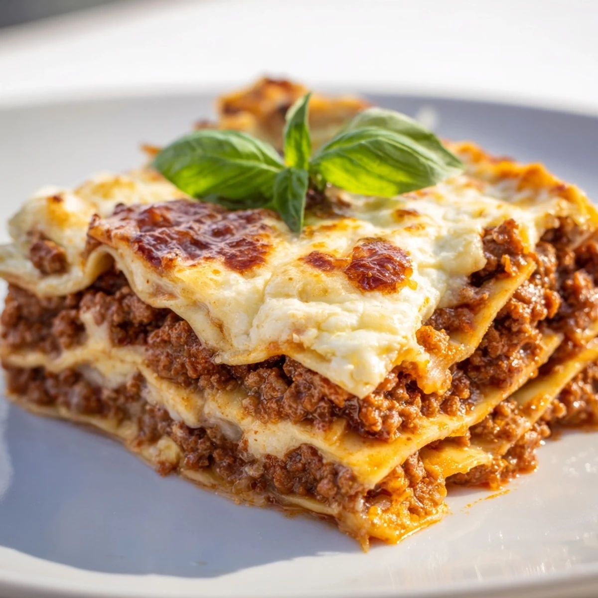 Sliced Classic Beef Lasagna revealing hearty layers of pasta, rich meat sauce, and creamy béchamel.