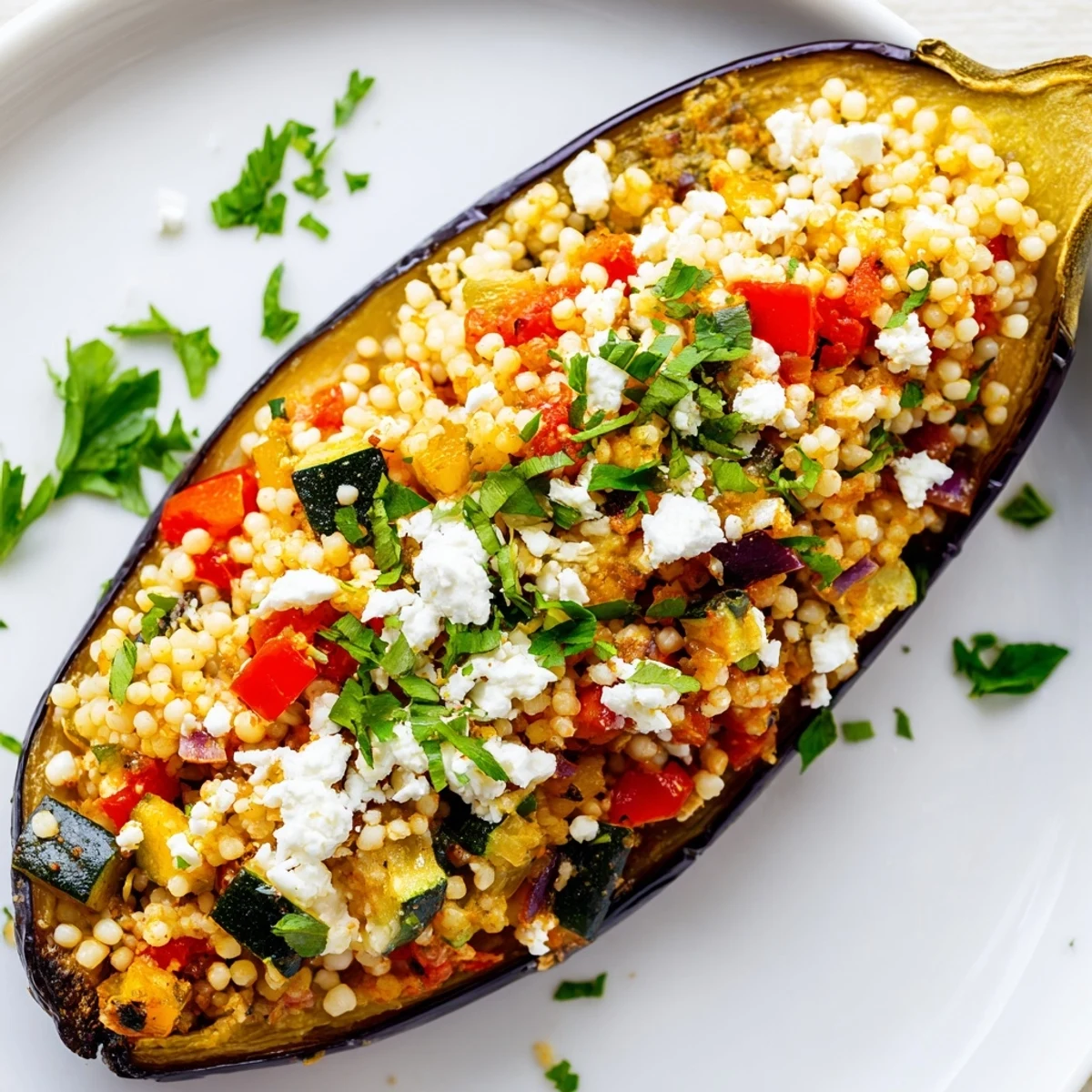 Savory Mediterranean stuffed eggplant with couscous baking, feta cheese melting, ready for a vegetarian dinner.