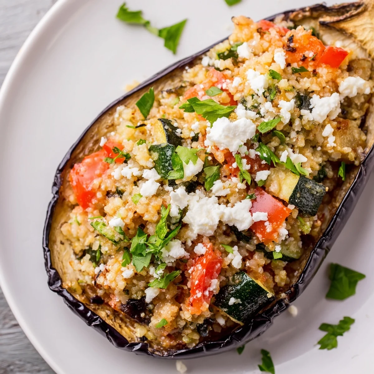 Golden-brown roasted eggplant halves brimming with Mediterranean stuffed eggplant with couscous and fresh herbs.