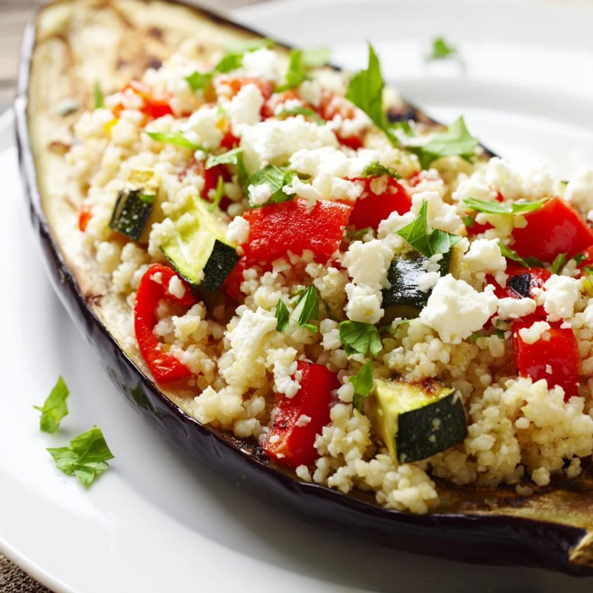 Plated Mediterranean stuffed eggplant with couscous beside a glass of white wine, parsley garnish.