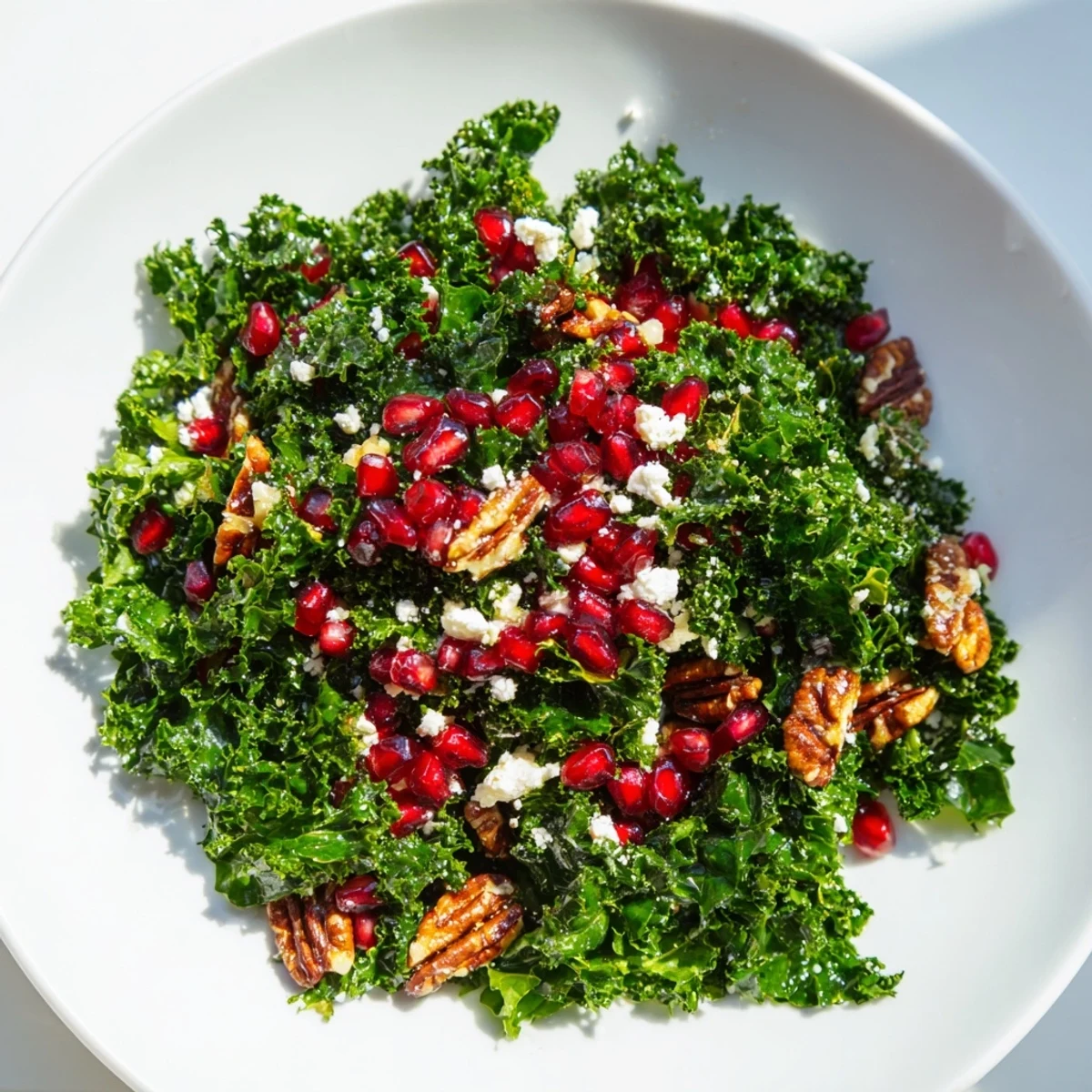 A fresh bowl of Winter Kale Salad with Pomegranate and Pecans, garnished with crumbled cheese and parsley, ready for a bright winter luncheon side dish.