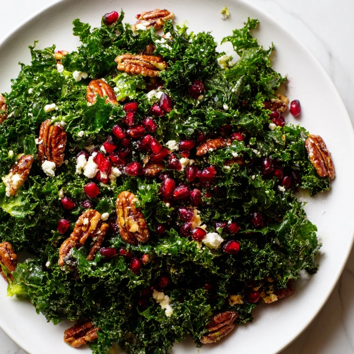 Colorful Winter Kale Salad with Pomegranate and Pecans glistening with tangy vinaigrette, highlighting crisp leaves, juicy seeds, and crunchy toasted pecans for a healthy meal.