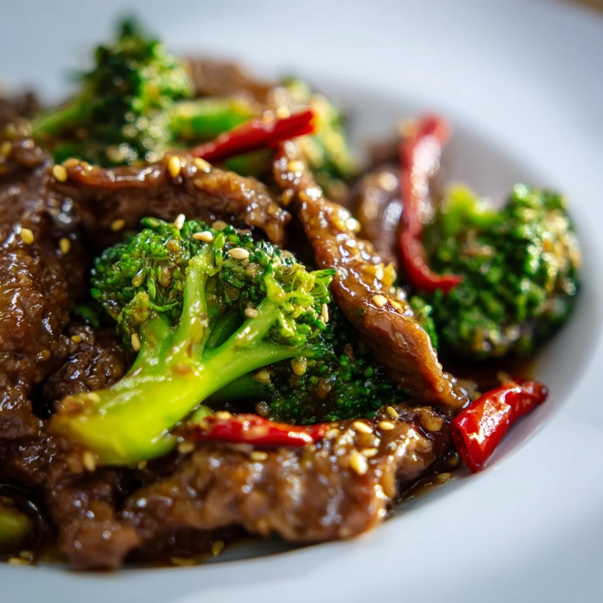 Tender beef strips and crisp broccoli florets coated in a glossy, spicy ginger-garlic sauce, served over steamed rice.