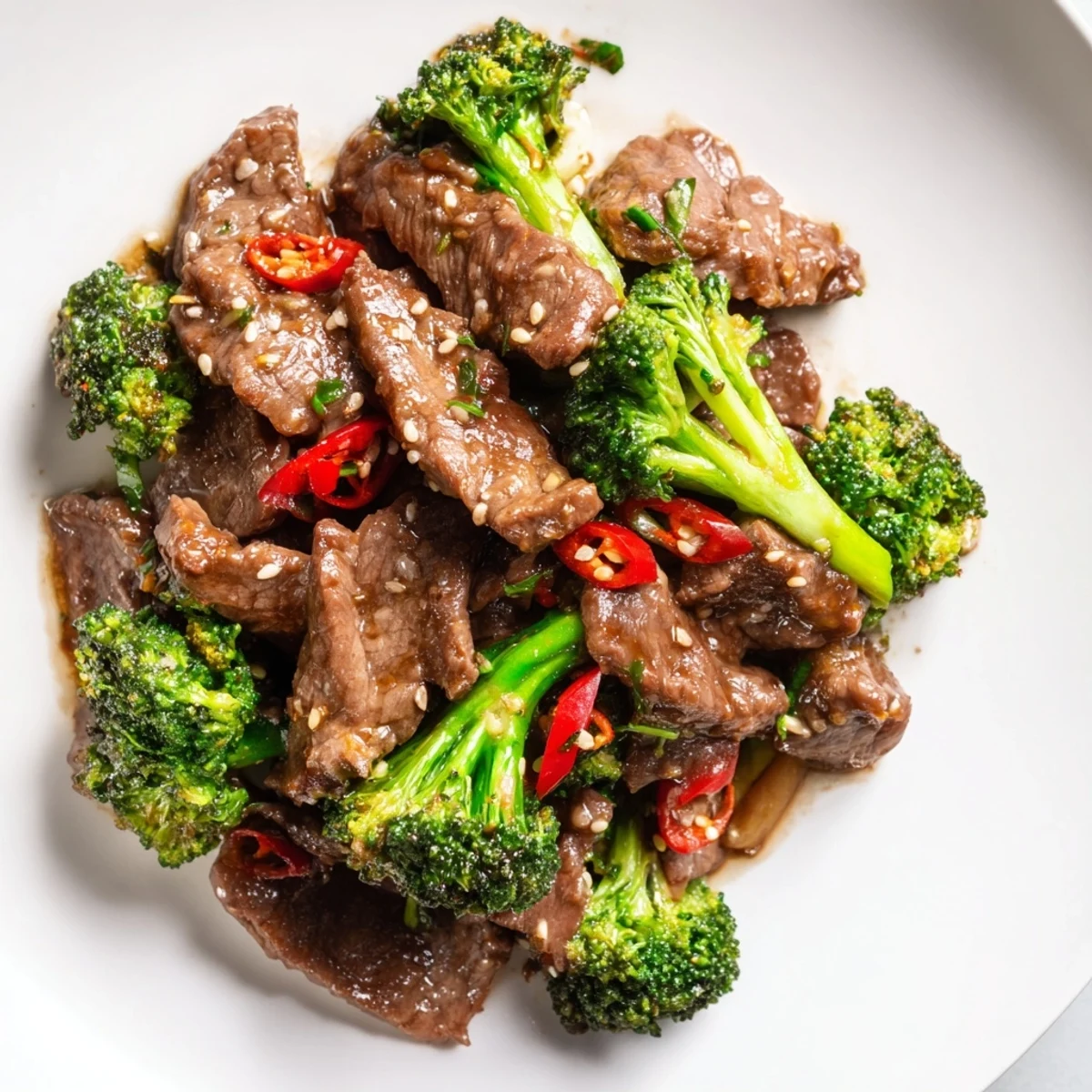 A close-up view of a savory plate of Spicy Beef and Broccoli Stir Fry garnished with sesame seeds and fresh green onions.