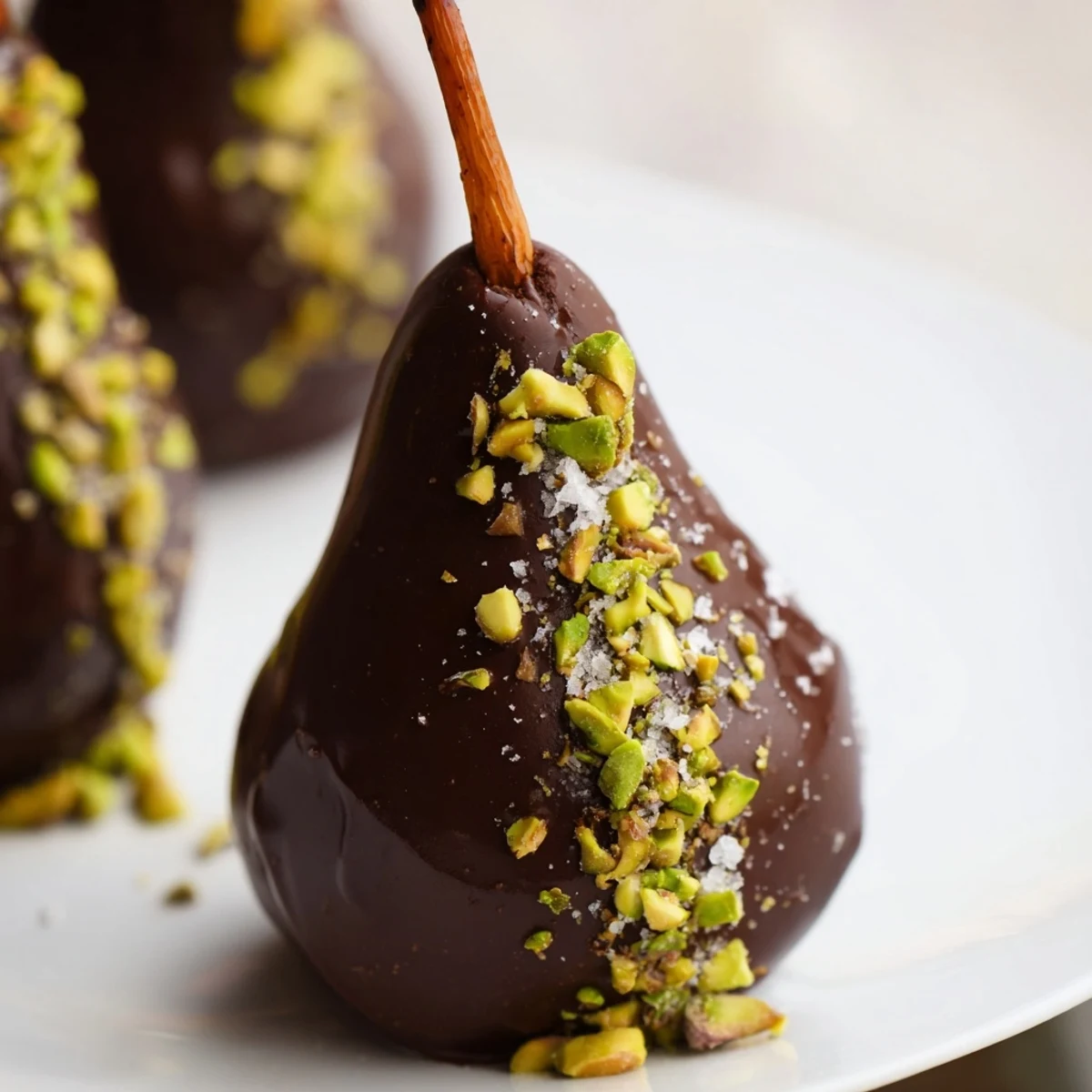 Ripe pears dipped in rich dark chocolate for a Romantic Chocolate Covered Pears dessert, garnished with pistachios and served chilled.  