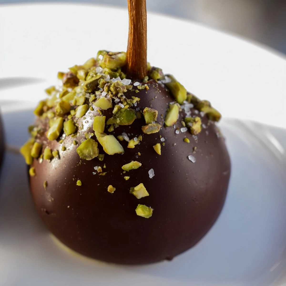A close-up of four Romantic Chocolate Covered Pears with glossy dark chocolate, chopped pistachios, and a hint of flaky salt on a rustic platter.  