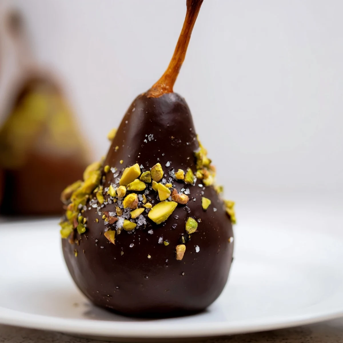 Elegant Romantic Chocolate Covered Pears display stems upright, chocolate coating two-thirds, with crushed pistachios and optional flaky sea salt.