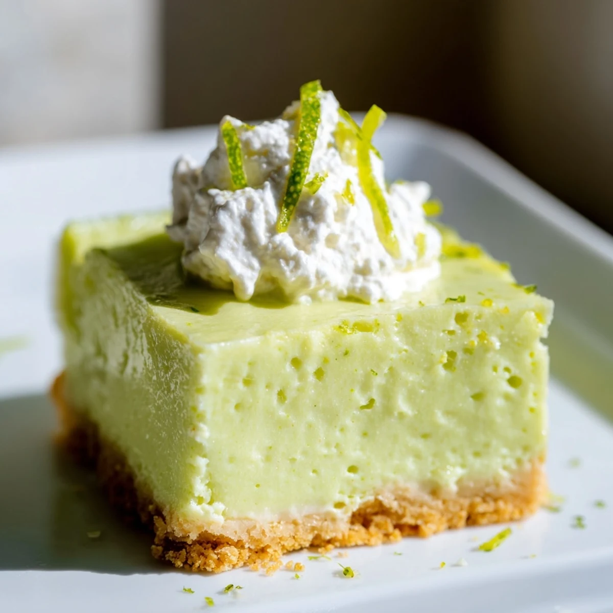 Vibrant green key lime pie bars sit on a plate, their creamy filling glistening beside a dollop of whipped cream.