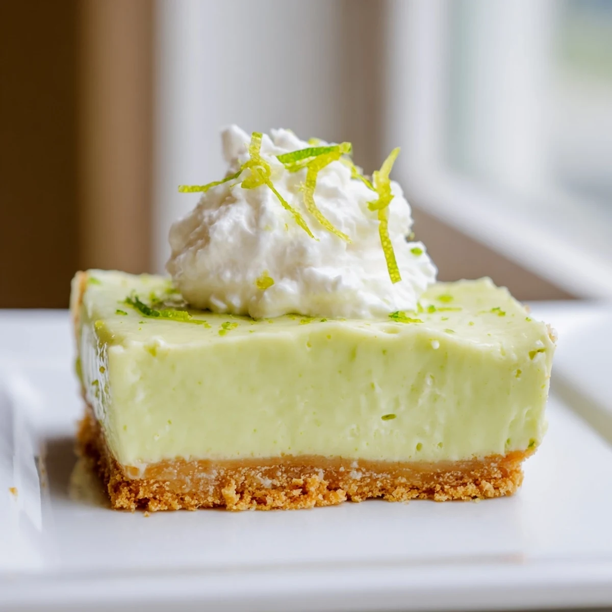 A slice of key lime pie bar shows off its tangy green center and crumbly graham cracker crust, perfect for summer.