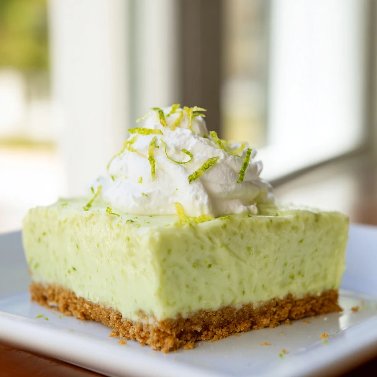 Key lime pie bars are arranged on a white plate, with fresh lime zest and slices garnishing the edges.