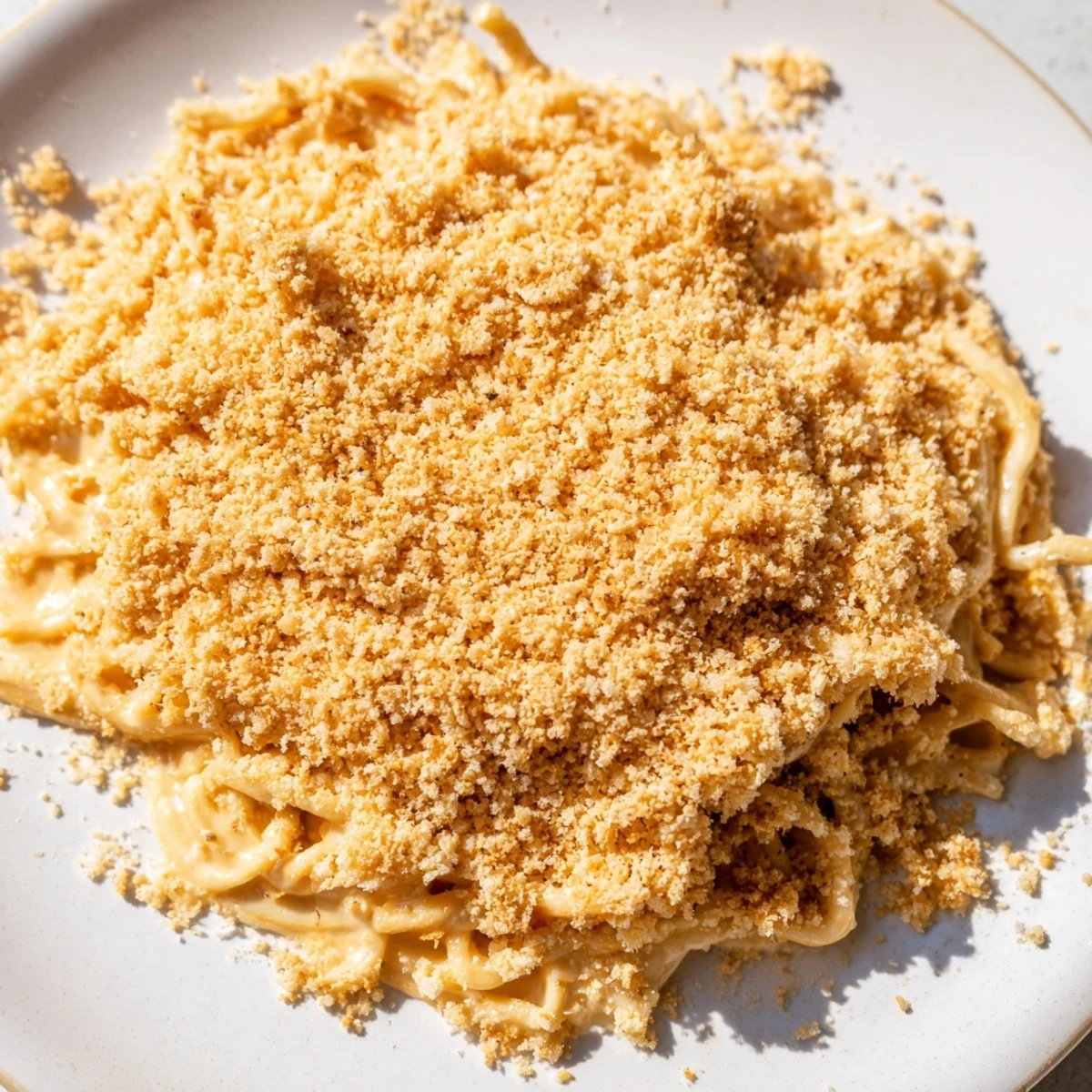 Golden-brown panko crumble topping covers a creamy Chicken Noodle Casserole with tender chicken, peas, and carrots.  