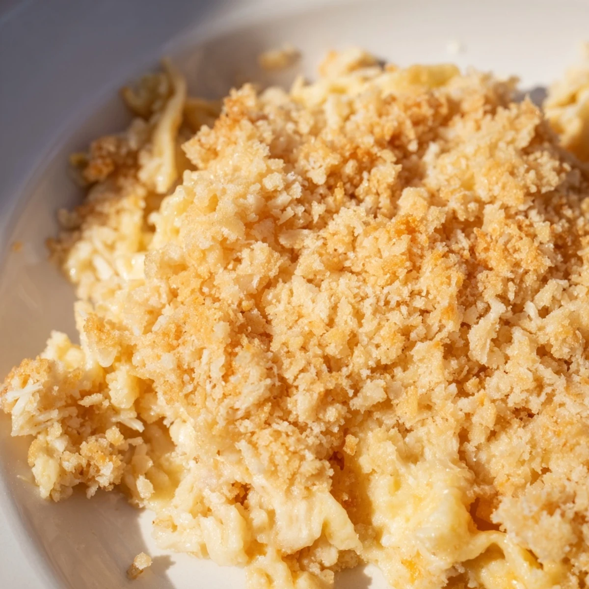 Bubbling Chicken Noodle Casserole fresh from the oven, featuring egg noodles in a rich sauce under a buttery crumble.  