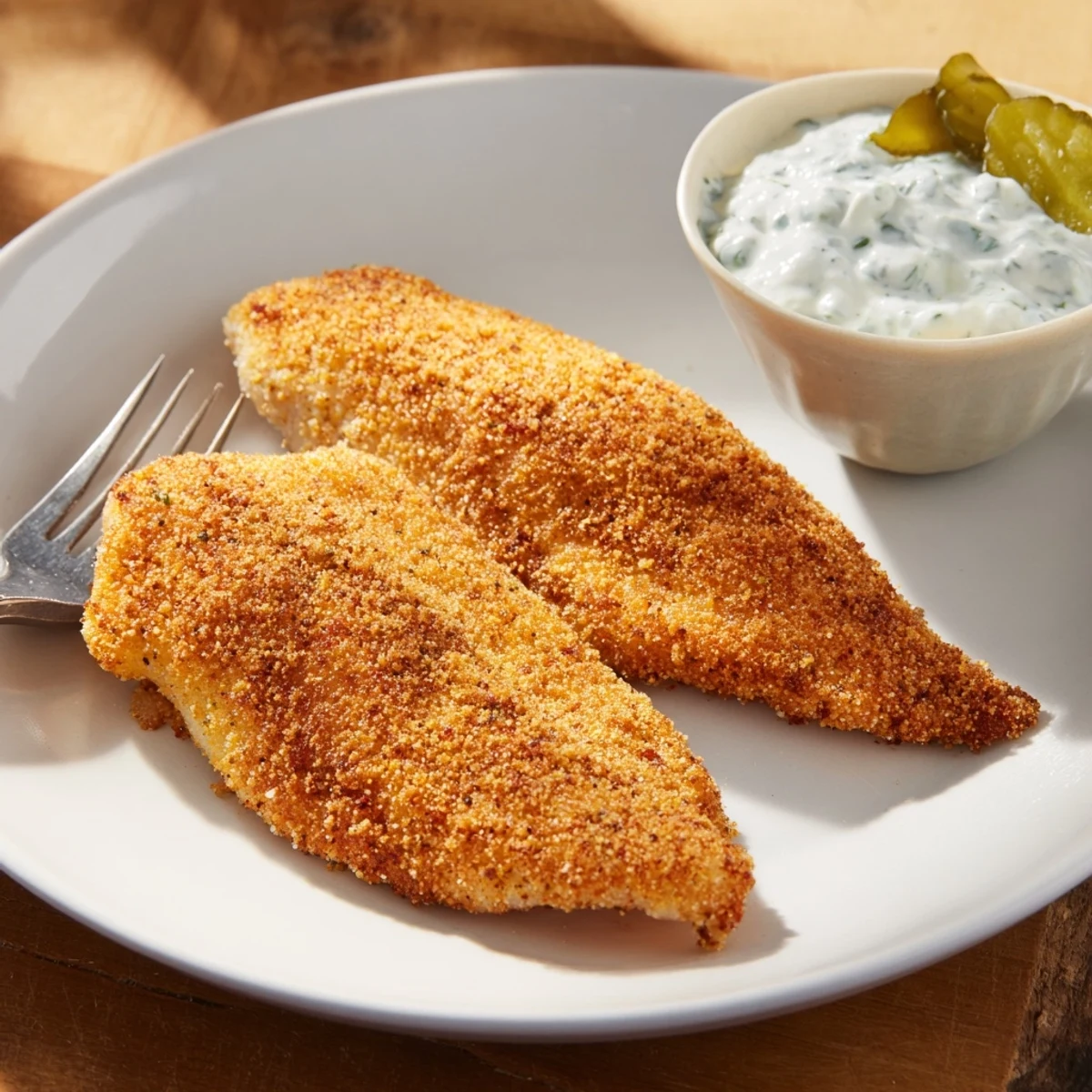 Golden fried Cajun Fried Catfish fillets with crispy coating and creamy tartar sauce on a white plate.