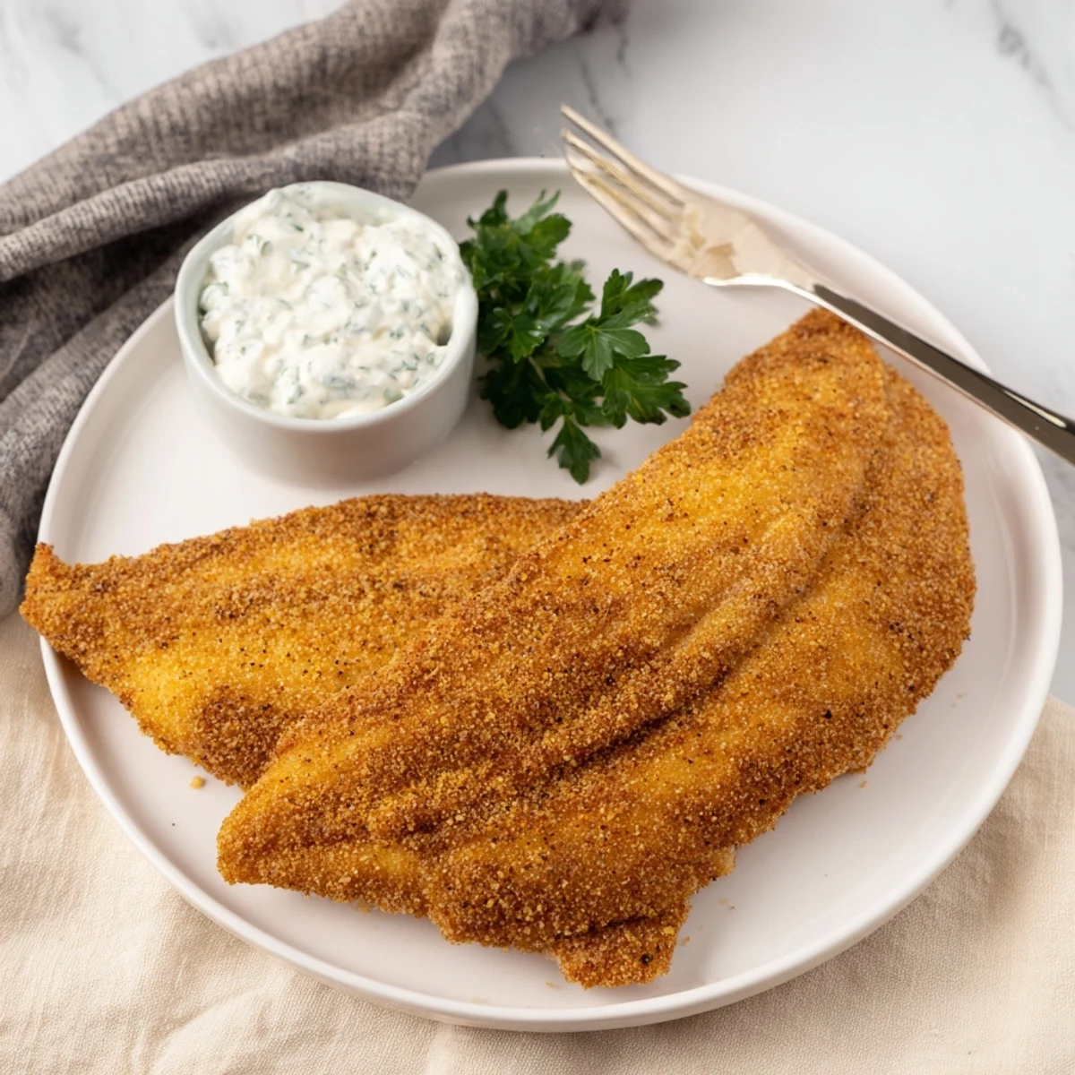 Crispy Cajun Fried Catfish fillets served with creamy tartar sauce and lemon wedges on a white plate.