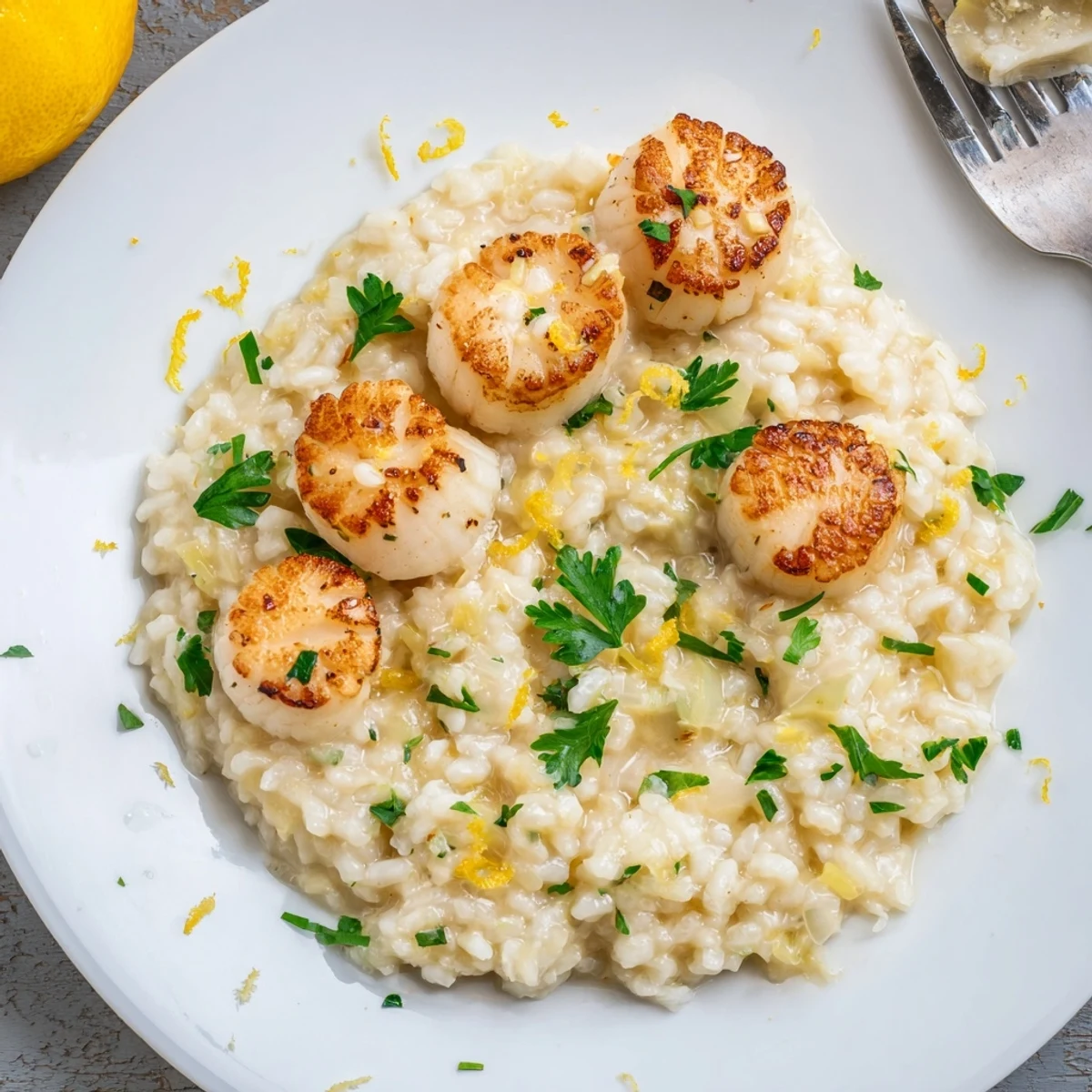 Golden seared Lemon Garlic Scallops with Risotto served on a white plate, garnished with fresh parsley and lemon zest.