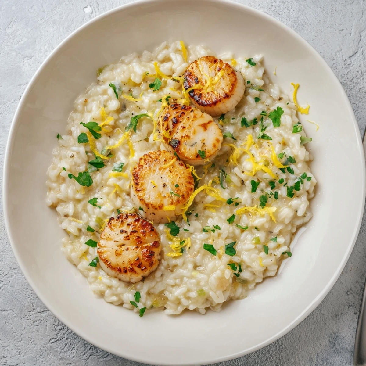 Close-up of pan-seared Lemon Garlic Scallops with Risotto, highlighting the creamy Parmesan texture and lemon-garlic butter drizzle.