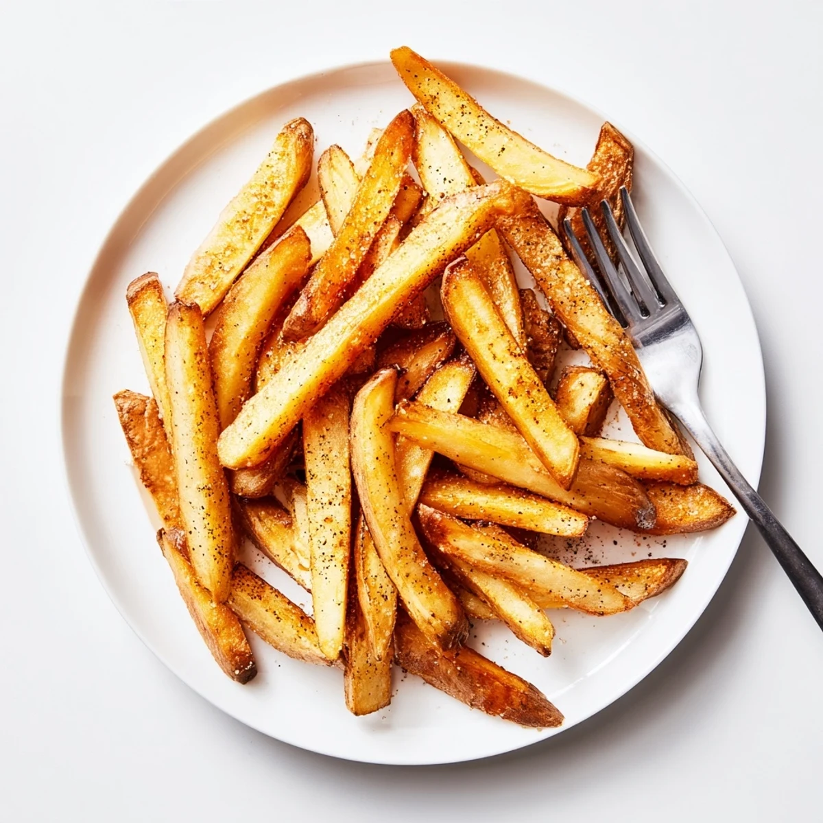 Golden-brown Crispy Air Fryer French Fries with Sea Salt spill from the air fryer basket, showcasing their crunchy texture and savory seasoning.  