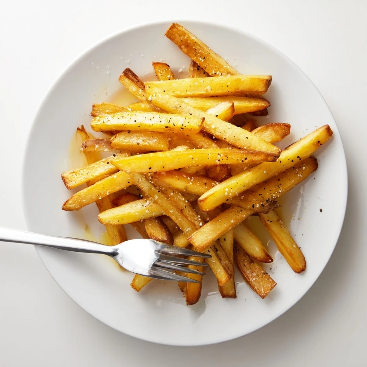 A close-up of Crispy Air Fryer French Fries with Sea Salt reveals crispy edges and fluffy centers, ready for a side dish or appetizer.