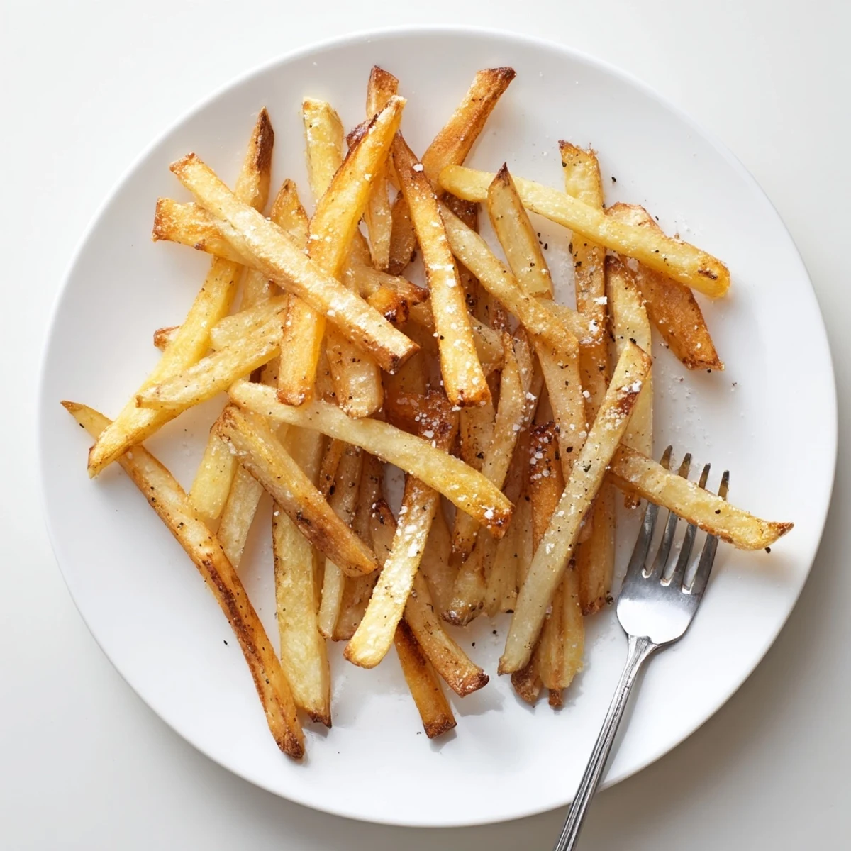 Perfectly cooked Crispy Air Fryer French Fries with Sea Salt are served hot alongside a dipping sauce, ideal for a quick vegan snack.  