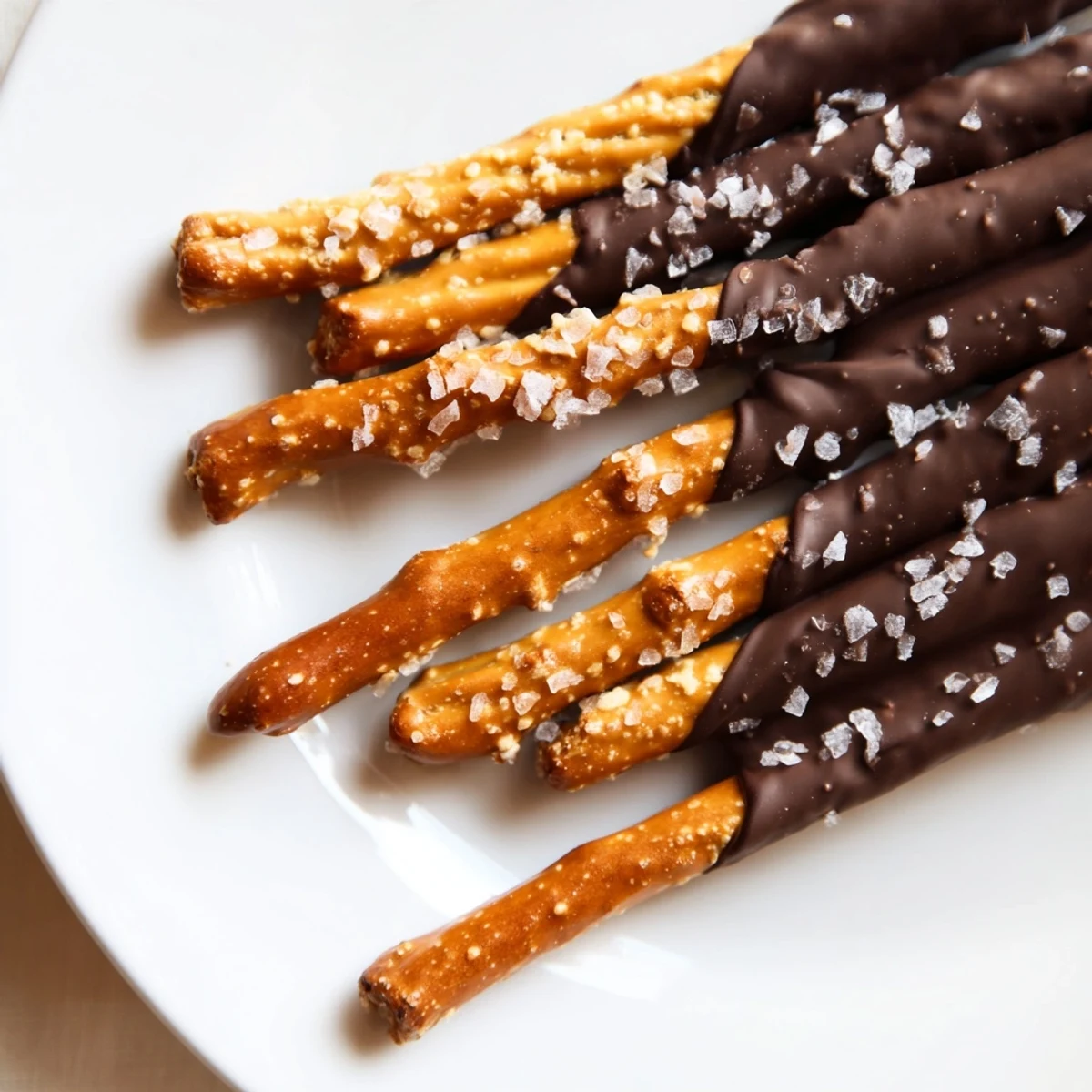 Pretzel rods dipped in silky dark chocolate and sprinkled with flaky sea salt on a parchment-lined baking sheet.