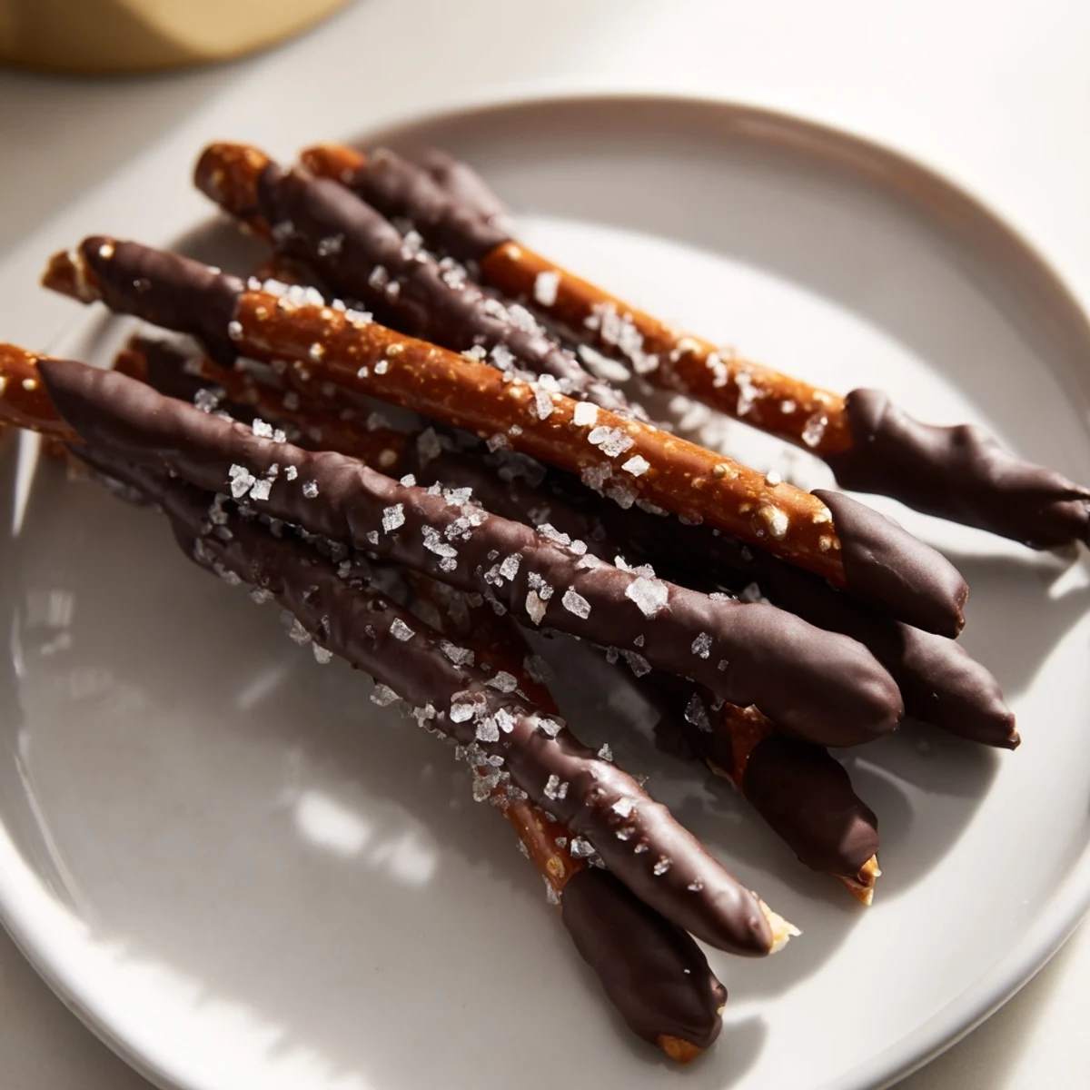 Close-up of golden pretzels half-coated in glossy chocolate, topped with sparkling sea salt crystals for irresistible crunch.