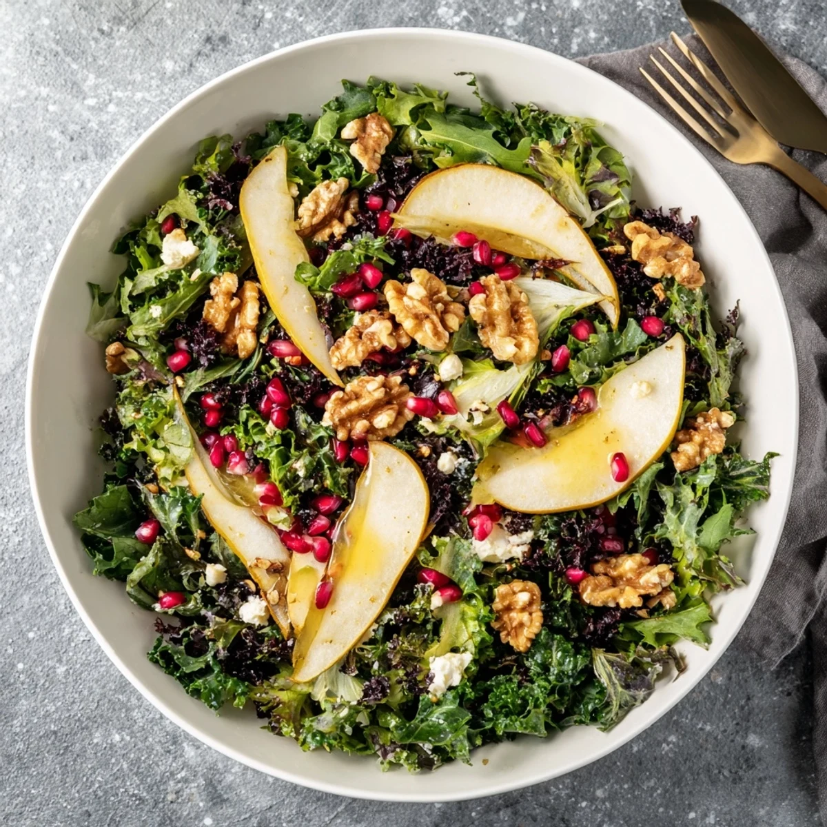 Freshly toasted walnuts and sliced pears on a bed of crisp winter greens, drizzled with tangy vinaigrette.