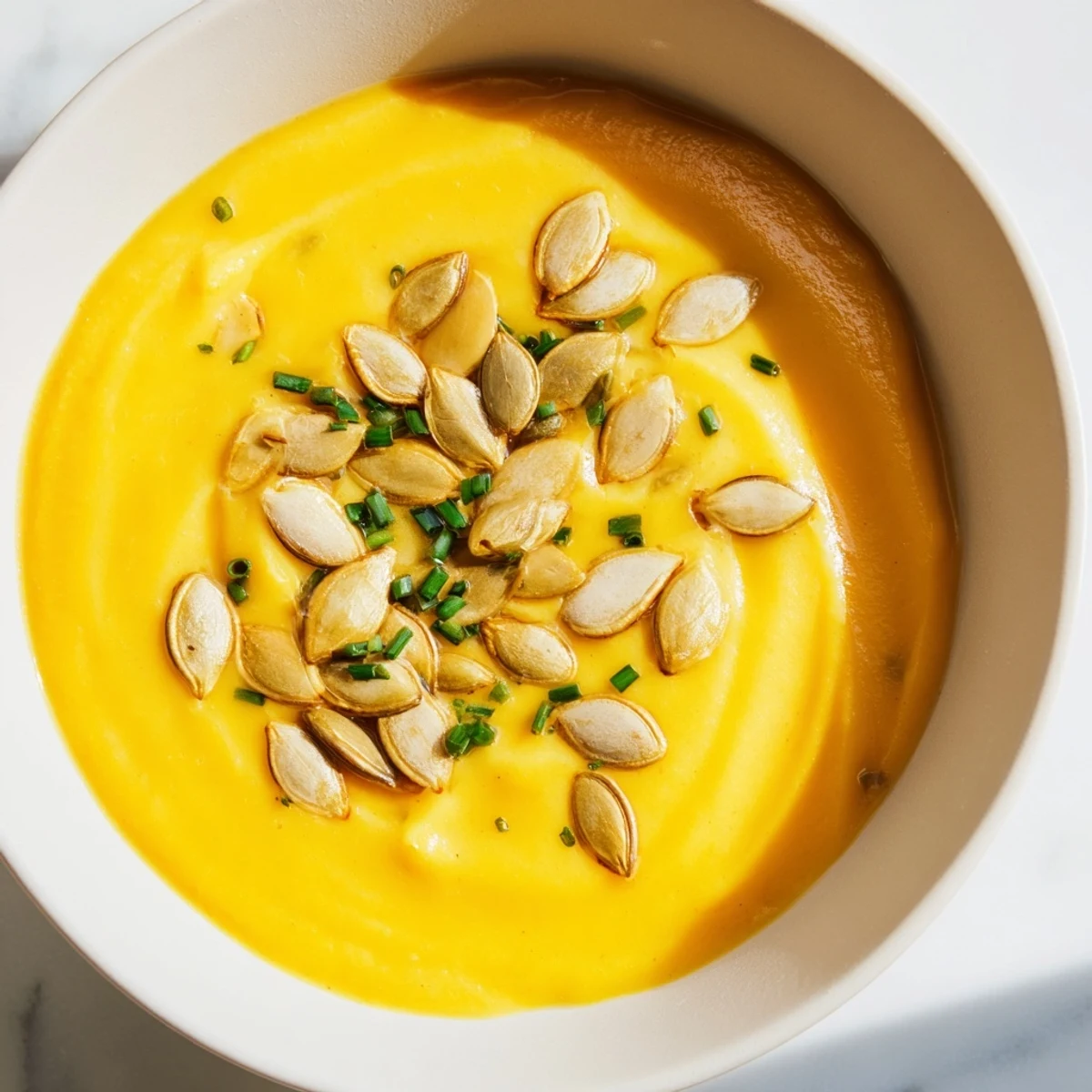 Silky, spiced Creamy Pumpkin Soup with Toasted Seeds steaming in a rustic bowl beside a crusty bread slice.