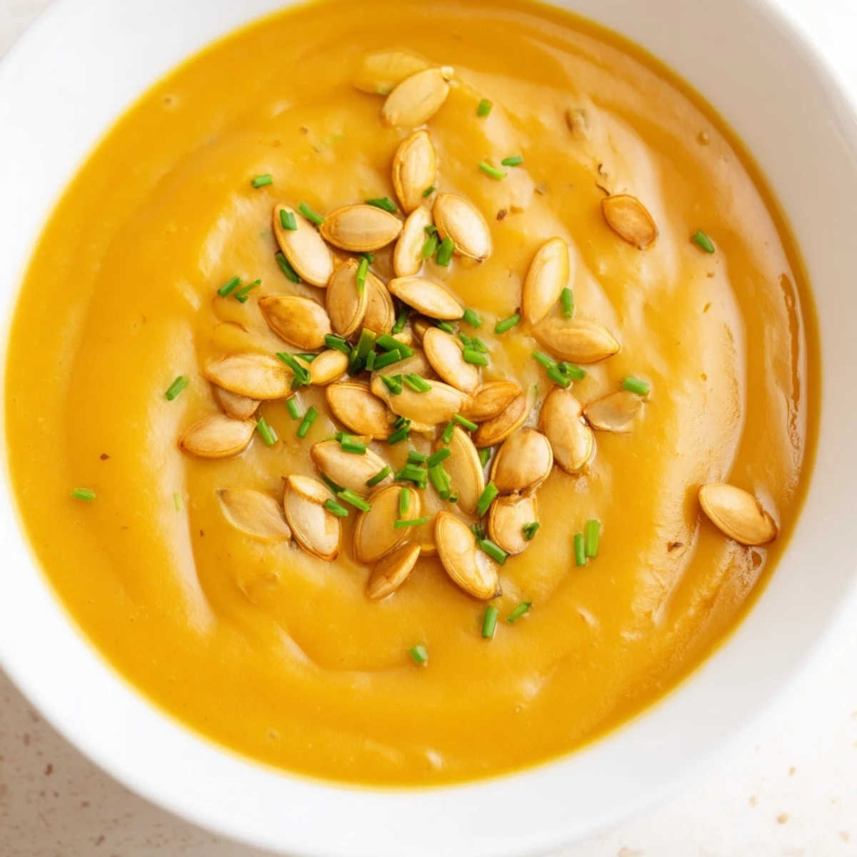A creamy orange pumpkin soup topped with crunchy toasted seeds, a perfect cozy dinner for cool evenings.