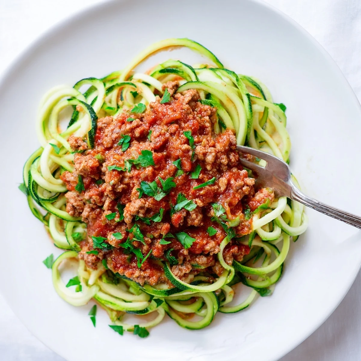 A hearty skillet of classic Italian-style turkey Bolognese, simmering with tomatoes, herbs, and vegetables before being served over tender sautéed zucchini noodles.  