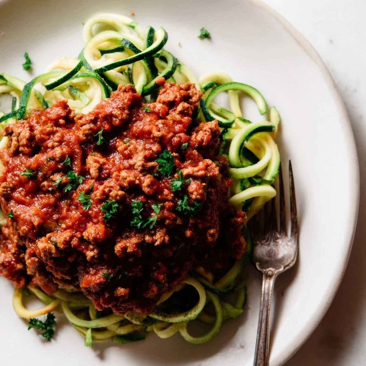 Steaming bowl of savory ground turkey Bolognese sauce with zucchini noodles, offering a light and satisfying meal perfect for a healthy weeknight dinner.
