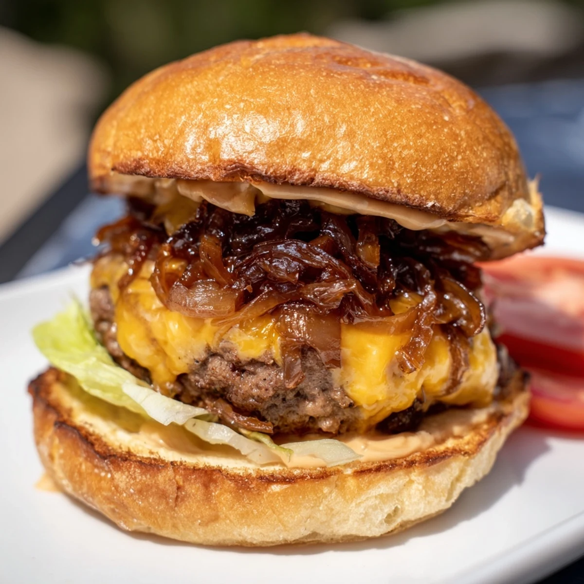 Golden-brown Beef Sliders with Caramelized Onions and Cheese sit on a wooden board, featuring juicy patties and melted cheddar.