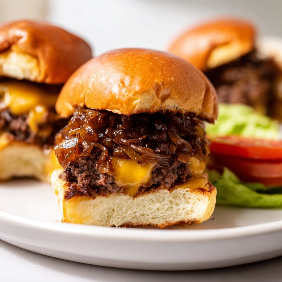Freshly toasted Beef Sliders with Caramelized Onions and Cheese display sweet, jammy onions and gooey cheese on soft buns.