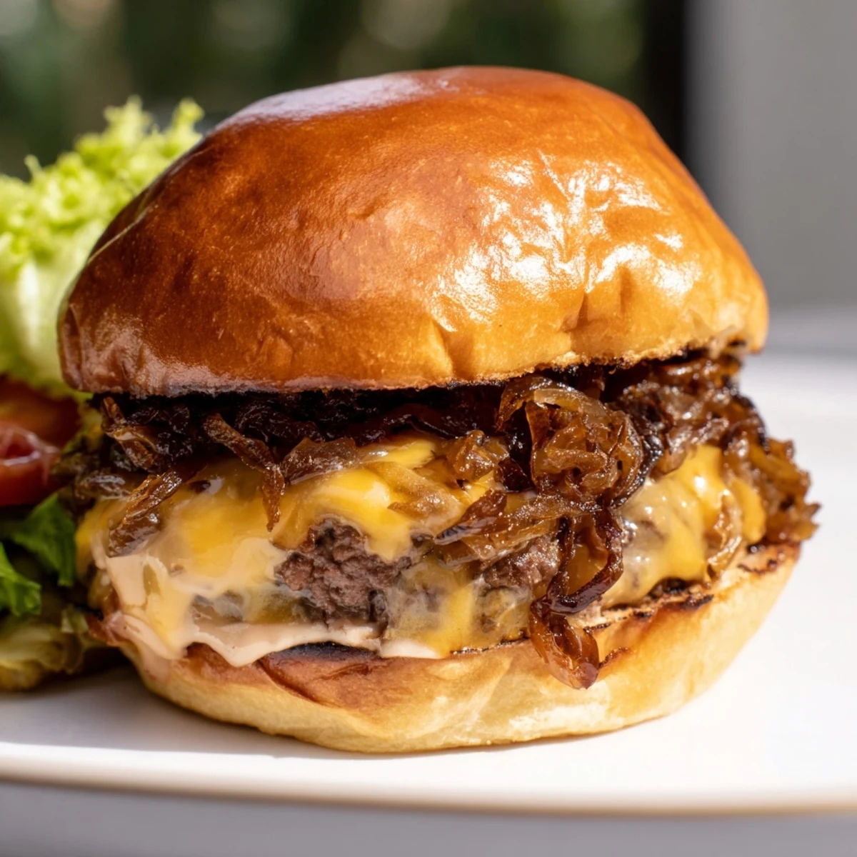 An overhead view of Beef Sliders with Caramelized Onions and Cheese, garnished with parsley and served alongside crispy fries.