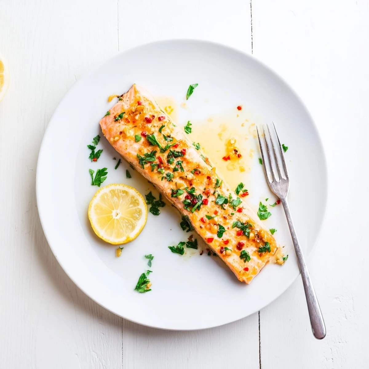 A close-up of Baked Salmon with Honey Garlic Glaze, its glossy, caramelized surface glistening under warm kitchen light.