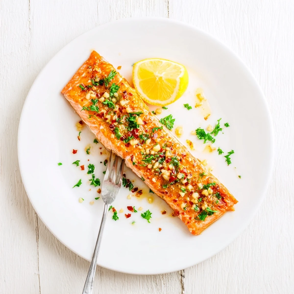 Tender Baked Salmon with Honey Garlic Glaze on a white plate, garnished with fresh parsley and bright lemon wedges.