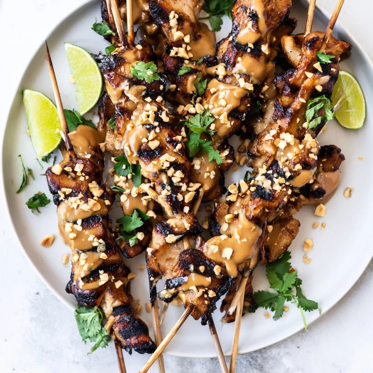 Golden-brown Chicken Satay Skewers with Peanut Sauce are grilled to charred perfection, garnished with fresh cilantro and lime wedges.  
