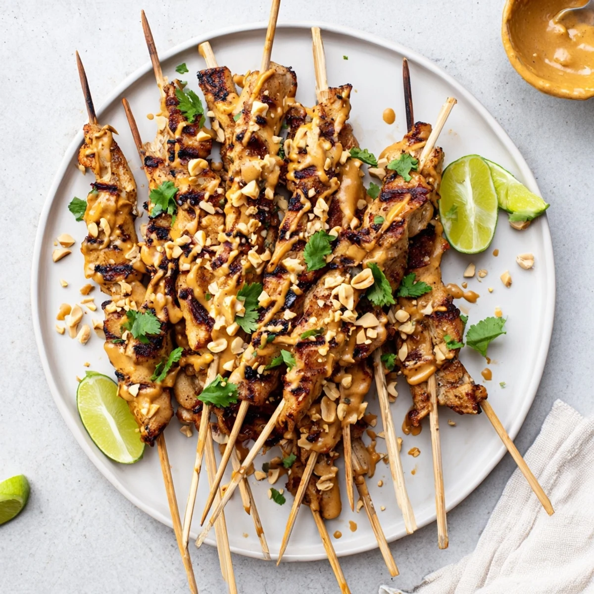 Sizzling Chicken Satay Skewers with Peanut Sauce are arranged on a platter, ready to be dipped into the creamy, rich sauce.  